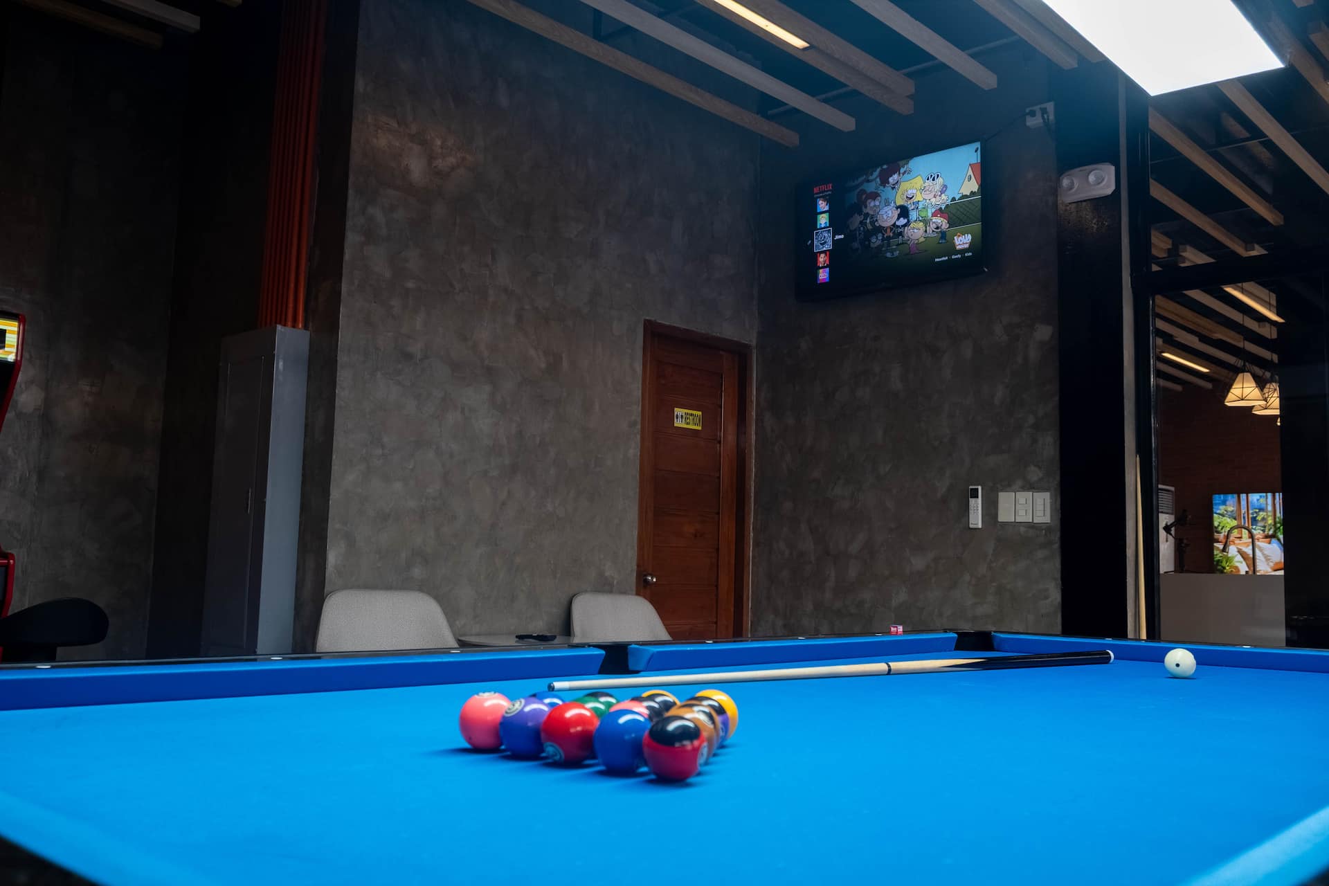 Tournament Blue Felt Billiard Table & Game Room TV