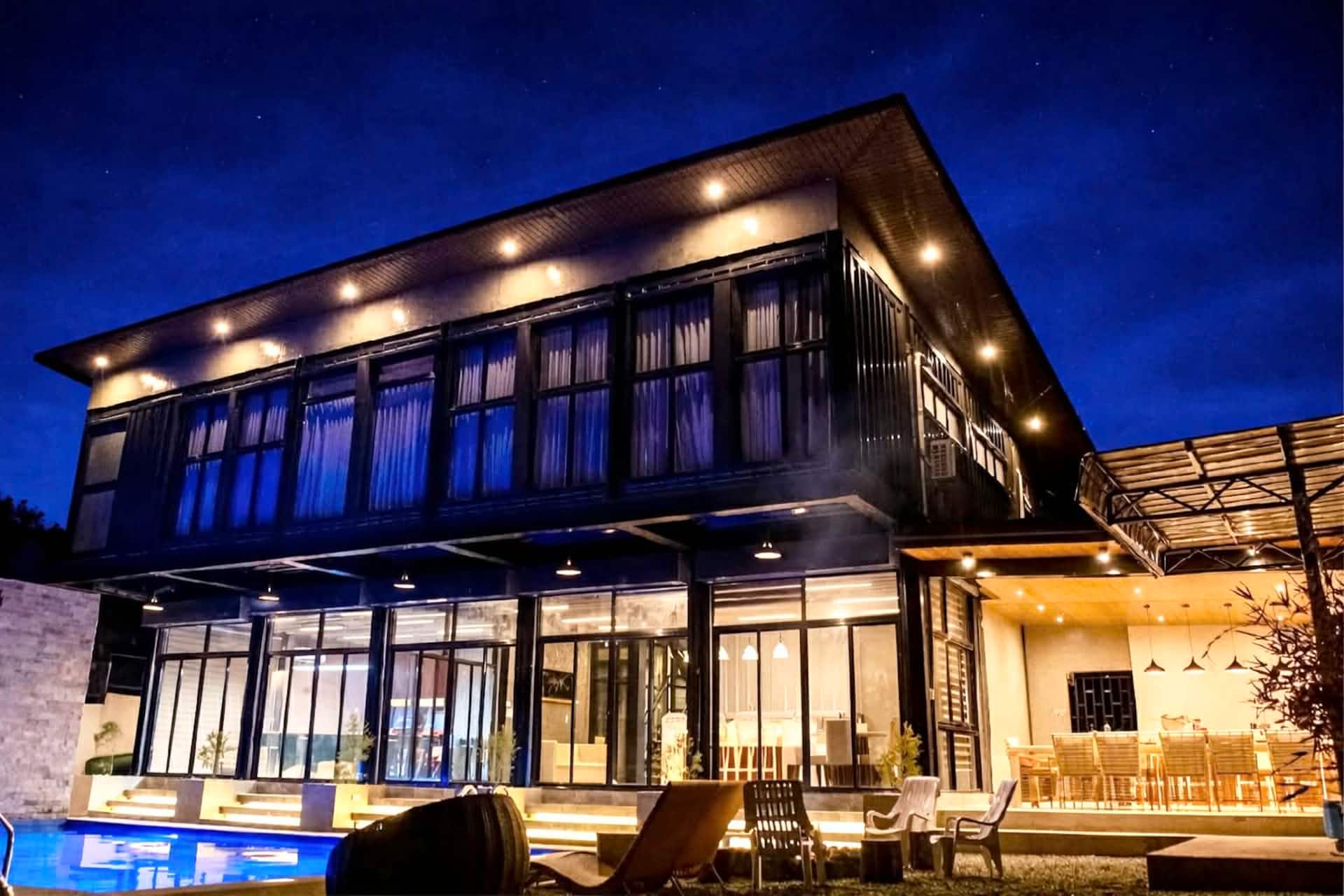 Two-Storey Industrial Container Villa Night Facade