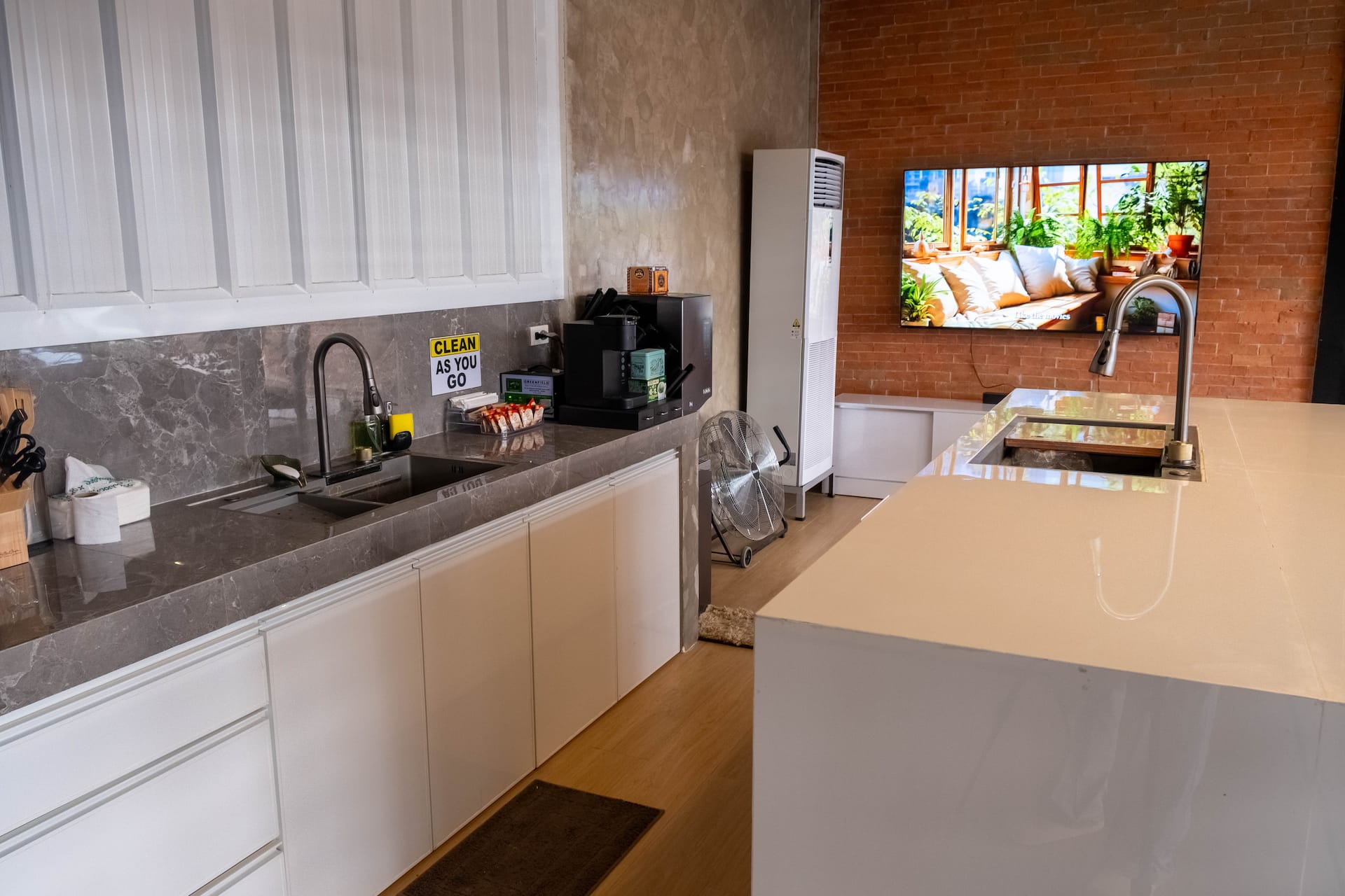 Indoor Kitchen Granite Counters with Gooseneck Faucets & Coffee Bar