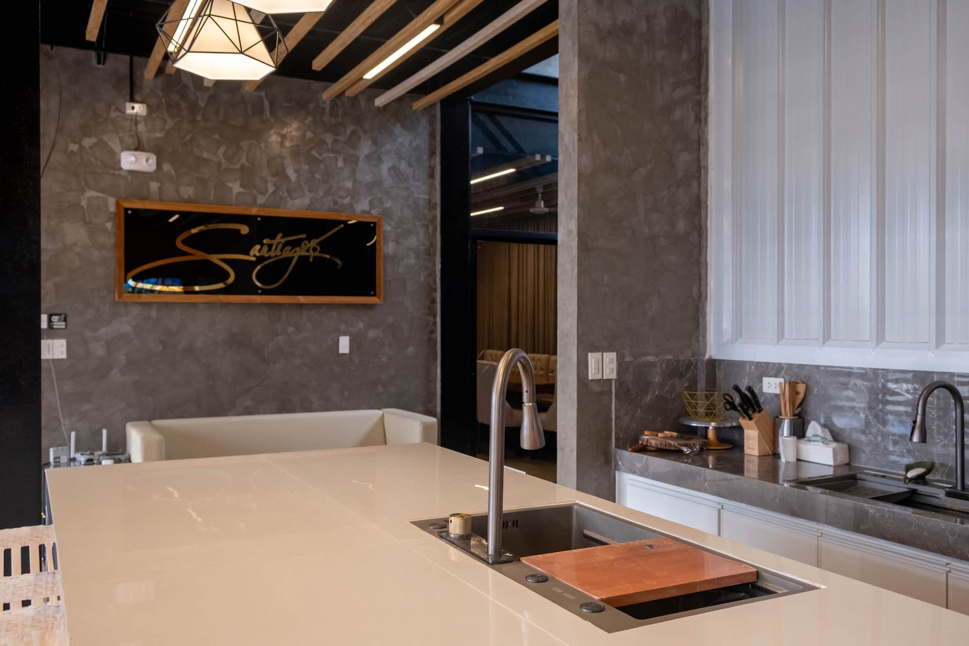Solid White Quartz Kitchen Island with Stainless Sink & Prep Station